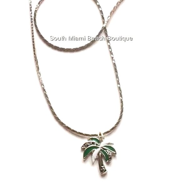 Palm Tree Necklace Silver Plated Island Beach Hawaii Nautical Enamel Coconut 18" - Picture 10 of 10
